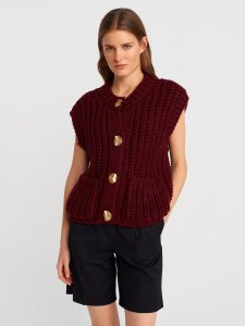 Bisiklet Yaka Yumuşak Dokulu Cepli Düğmeli Triko Yelek-Bordo