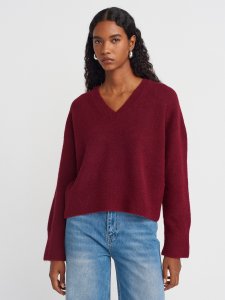 V Yaka Yün Karışımlı Triko Kazak-Kahve