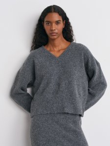 V Yaka Yün Karışımlı Triko Kazak-K.Füme