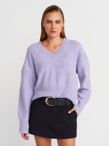 V Yaka Yün Karışımlı Triko Kazak-Lila