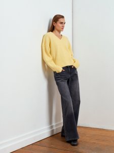 V Yaka Yün Karışımlı Triko Kazak-Koyu Sarı