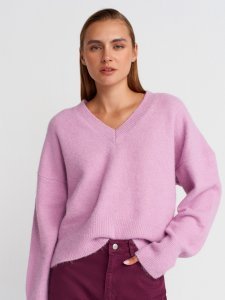 V Yaka Yün Karışımlı Triko Kazak-Lavanta