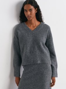 V Yaka Yün Karışımlı Triko Kazak-K.Füme