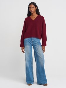 V Yaka Yün Karışımlı Triko Kazak-Kahve