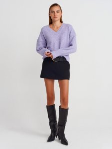 V Yaka Yün Karışımlı Triko Kazak-Lila