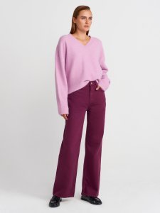 V Yaka Yün Karışımlı Triko Kazak-Lavanta