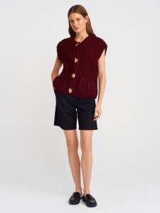 Bisiklet Yaka Yumuşak Dokulu Cepli Düğmeli Triko Yelek-Bordo